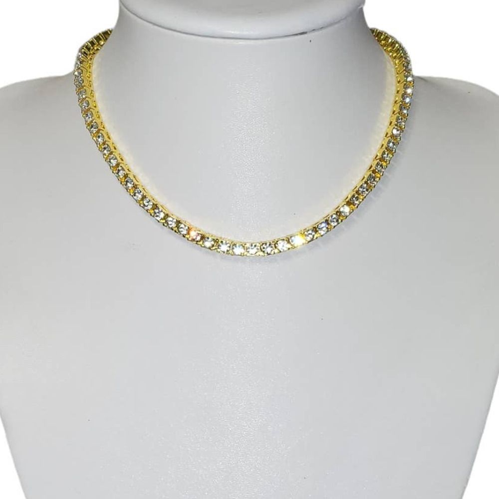 Yellow Gold Plated 22cttw Round White Czech Crystal Tennis Necklace 16"